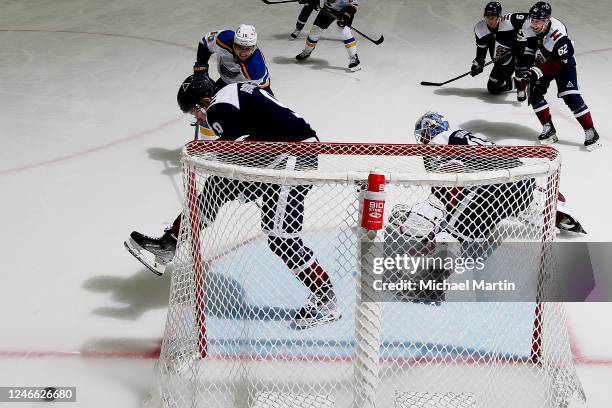 Evan Rodrigues of the Colorado Avalanche kicks a puck to defend against the St. Louis Blues at Ball Arena on January 28, 2023 in Denver, Colorado....