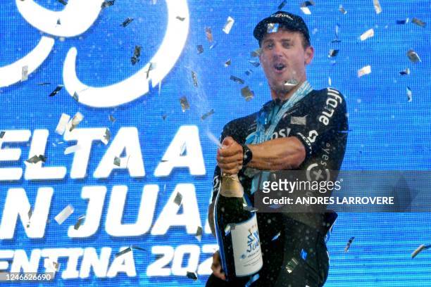 Australian cyclist Sam Welsford celebrates at the podium after winning the 6th stage of the Vuelta a San Juan 2023, in San Juan, Argentina, on...