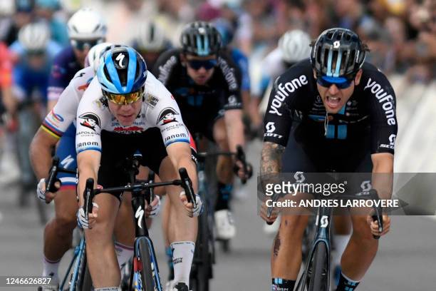 Australian cyclist Sam Welsford crosses the finish line to win the 6th stage of the Vuelta a San Juan 2023, in San Juan, Argentina, on January 28,...