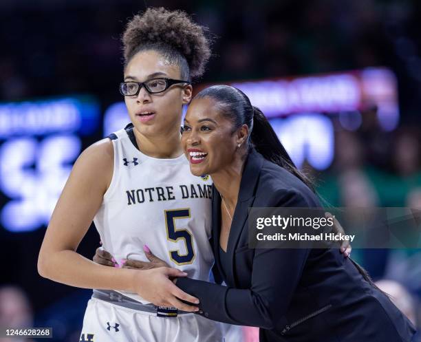 Olivia Miles and head coach Niele Ivey of the Notre Dame Fighting Irish are seen during the game against the Florida State Seminoles at Joyce Center...