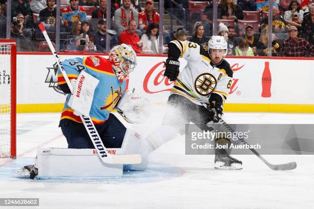 Goaltender Alex Lyon of the Florida Panthers stops a shot from Brad Marchand of the Boston Bruins during second period of the game at the FLA Live...