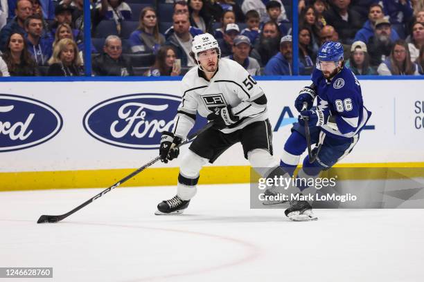 Nikita Kucherov of the Tampa Bay Lightning skates against Sean Durzi of the Los Angeles Kings during the first period at Amalie Arena on January 28,...