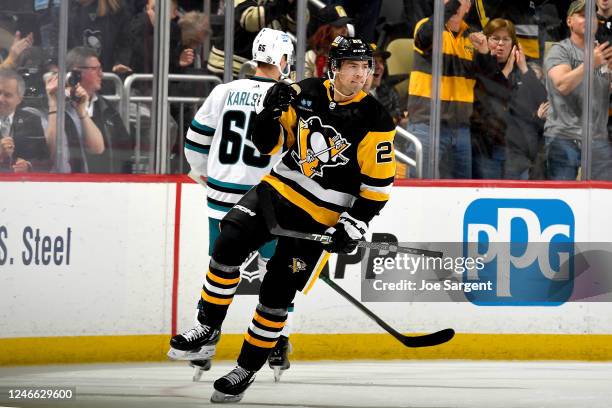 Ryan Poehling of the Pittsburgh Penguins celebrates his second period goal against the San Jose Sharks at PPG PAINTS Arena on January 28, 2023 in...