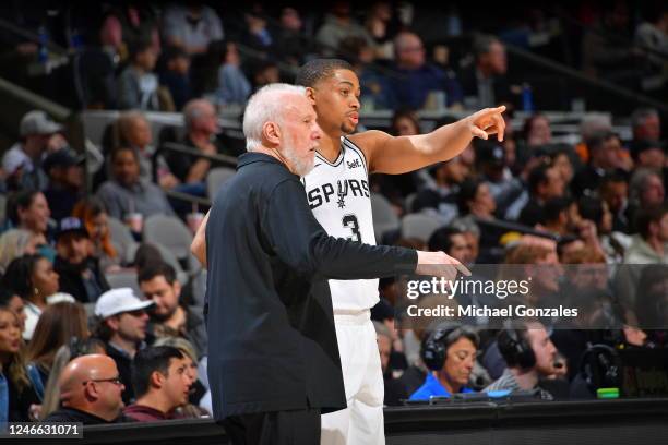 Head Coach Gregg Popovich of the San Antonio Spurs talks on the sideline with Keldon Johnson during the game against the Phoenix Suns on January 28,...