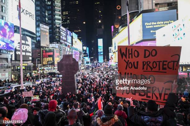 People gather to protest against the police assault of Tyre Nichols at Times Square in New York, United States on January 28, 2023. Protesters...