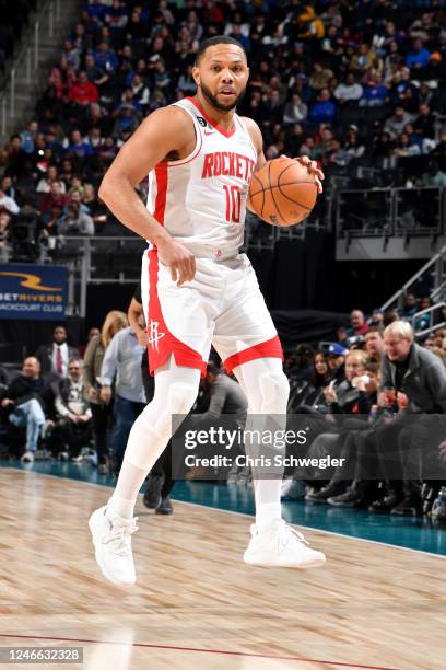 Eric Gordon of the Houston Rockets dribbles the ball against the Detroit Pistons on January 28, 2023 at Little Caesars Arena in Detroit, Michigan....