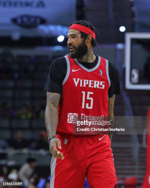 Willie Cauley Stein of the Rio Grande Valley Vipers reacts on the court during a game against Austin Spurs on January 28, 2023 at the Bert Ogden...
