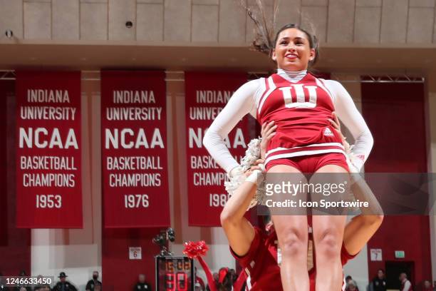 Indiana Hoosiers cheerleader performs a cheer during a game against the Ohio State Buckeyes at Assembly Hall in Bloomington, Indiana.