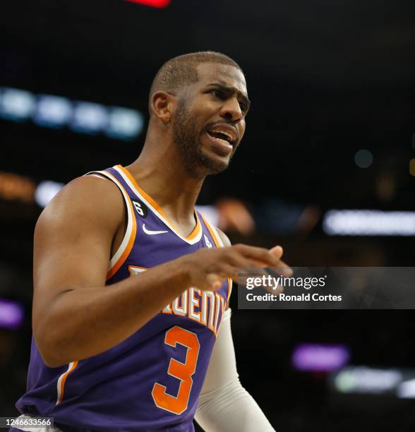 Chris Paul of the Phoenix Suns argues a call in the first half against the San Antonio Spurs at AT&T Center on January 28, 2023 in San Antonio,...