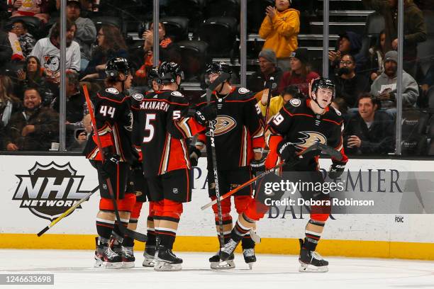 Max Jones of the Anaheim Ducks celebrates his goal with teammates during the second period against the Arizona Coyotes at Honda Center on January 28,...