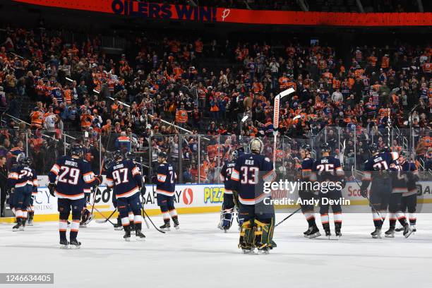 The Edmonton Oilers celebrate their win over the Chicago Blackhawks after the game on January 28, 2023 at Rogers Place in Edmonton, Alberta, Canada.