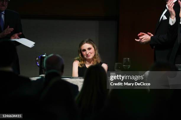 Sarah Langs receives a standing ovation after receiving the 2022 Casey Stengel, You can look it up Award during the 2023 BBWAA Awards Dinner at New...