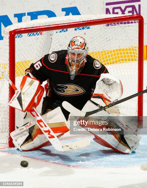 John Gibson of the Anaheim Ducks protects the goal during the third period against the Arizona Coyotes at Honda Center on January 28, 2023 in...