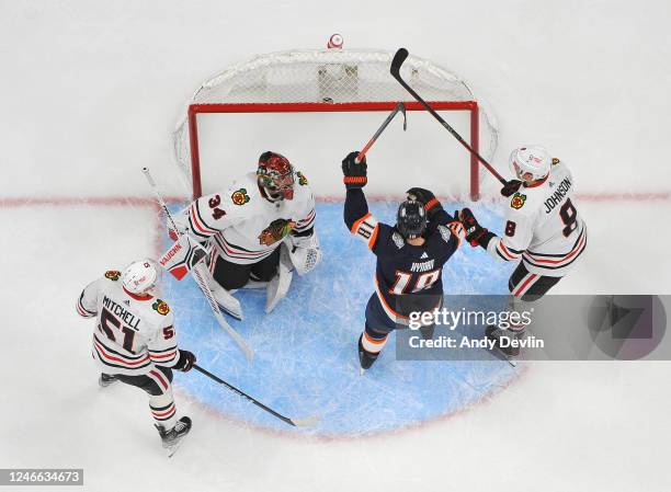 Zach Hyman of the Edmonton Oilers celebrates his second period goal against the Chicago Blackhawks during the game on January 28, 2023 at Rogers...