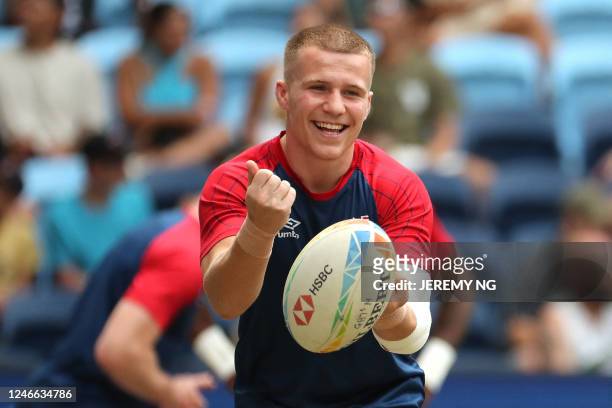 Great Britain's Freddie Roddick warms up prior to the start of the World Rugby Sevens series match between Great britain and Ireland at the Allianz...