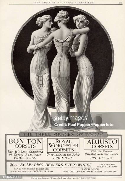 Vintage advertisement for the Three Graces of today wearing three models of corsets - the Bon Ton, the Royal Worcester and the Adjusto - manufactured...
