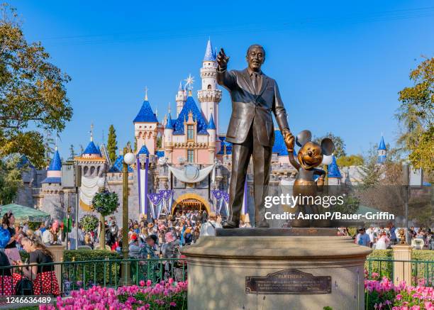 General views of the Walt Disney 'Partners' statue at Disneyland during the '100 Years of Wonder' celebration on January 28, 2023 in Anaheim,...