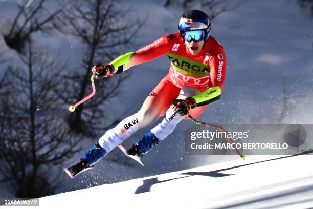 Swiss Marco Odermatt competes in the men's Super-G of the FIS Alpine Ski World Cup in Cortina d'Ampezzo on January 29, 2023.