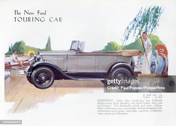 Vintage illustration advertising the New Ford Touring Car, manufactured in Dagenham, Essex, priced at £185, and featuring young couples punting and...