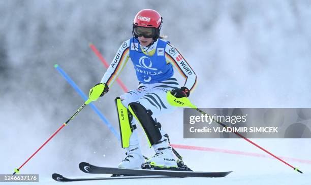 Germany's Lena Duerr competes during the first run of the women's slalom competition of the FIS Ski World Cup in Spindleruv Mlyn, Czech Republic, on...