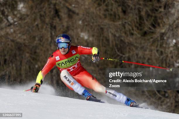 Marco Odermatt of Team Switzerland competes during the FIS Alpine Ski World Cup Men's Super G on January 29, 2023 in Cortina d'Ampezzo, Italy.