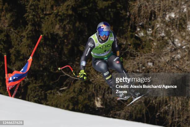Dominik Paris of Team Italy competes during the FIS Alpine Ski World Cup Men's Super G on January 29, 2023 in Cortina d'Ampezzo, Italy.