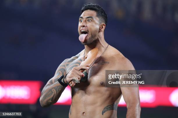 New Zealand player pefroms the Haka as he celebrates after his side's won the competition following the the end of the World Rugby Sevens series...