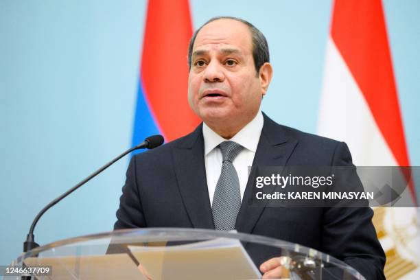 Egyptian President Abdel Fattah al-Sissi speaks during a press conference after his meeting with Armenia's President in Yerevan, on January 29, 2023.