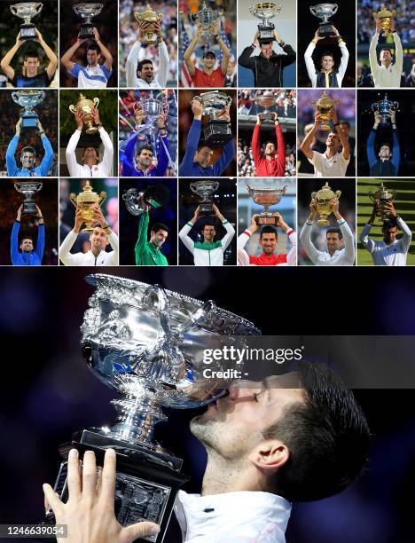 This combination photo created on January 29, 2023 shows Serbia's Novak Djokovic posing with his 22 men's singles Grand Slam titles after his victory...