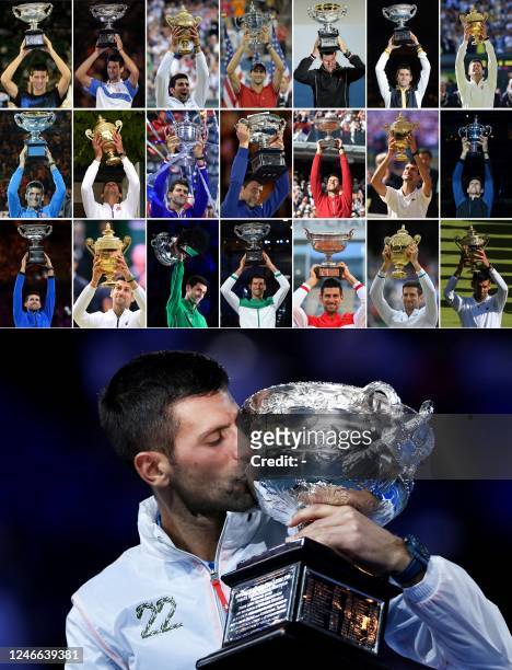 This combination photo created on January 29, 2023 shows Serbia's Novak Djokovic posing with his 22 men's singles Grand Slam titles after his victory...