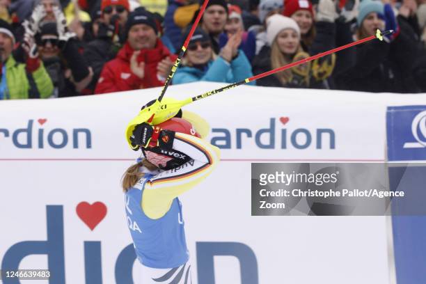 Lena Duerr of Team Germany celebrates during the Audi FIS Alpine Ski World Cup Women's Slalom on January 29, 2023 in Spindleruv Mlyn, Czech Republic.
