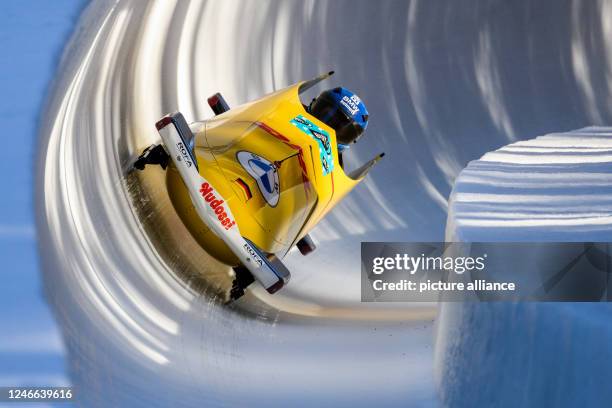 January 2023, Switzerland, St. Moritz: Bobsleigh: World Championship, two-man bobsleigh, men, 3rd run, in the Olympic Bob Run St. Moritz - Celerina....