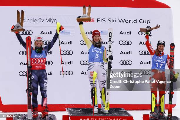 Mikaela Shiffrin of Team United States takes 2nd place, Lena Duerr of Team Germany takes 1st place, Zrinka Ljutic of Team Croatia takes 3rd place...