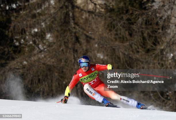 Marco Odermatt of Team Switzerland takes 1st place during the FIS Alpine Ski World Cup Men's Super G on January 29, 2023 in Cortina d'Ampezzo, Italy.