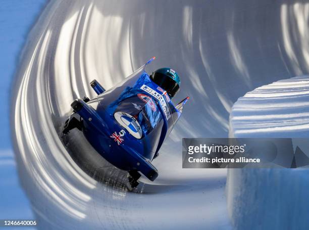 January 2023, Switzerland, St. Moritz: Bobsleigh: World Championship, two-man bobsleigh, men, 3rd run, in the Olympic Bob Run St. Moritz - Celerina....