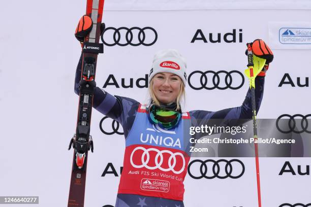 Mikaela Shiffrin of Team United States takes 2nd place during the Audi FIS Alpine Ski World Cup Women's Slalom on January 29, 2023 in Spindleruv...