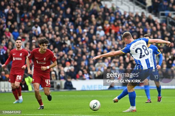 Brighton's Irish striker Evan Ferguson has this shot cleared off the line during the English FA Cup fourth round football match between Brighton &...