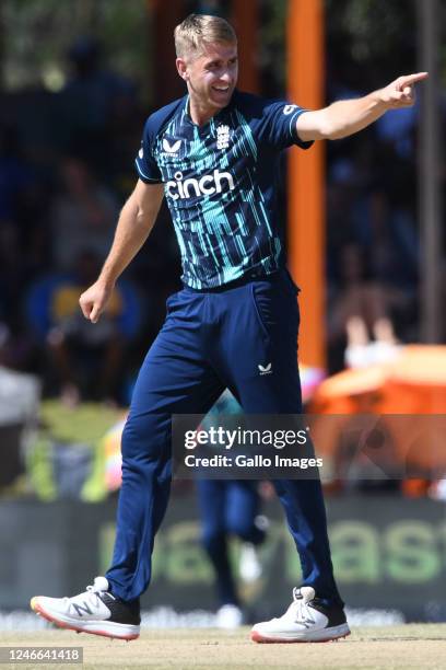 Olly Stone of England celebrates the wicket of Quinton de Kock of the Proteas during the ICC CWCSL, 2nd Betway ODI match between South Africa and...