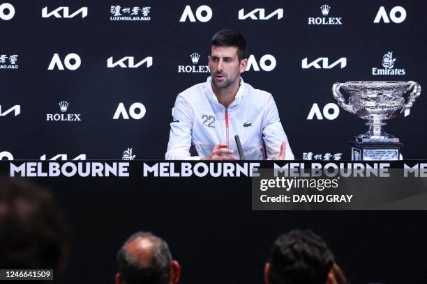 Serbia's Novak Djokovic gives a press conference after winning the men's singles final match against Greece's Stefanos Tsitsipas on day fourteen of...