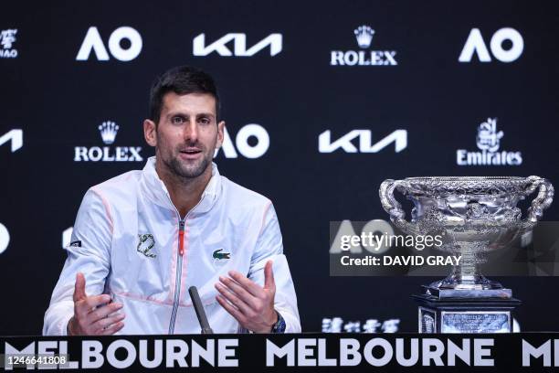 Serbia's Novak Djokovic gives a press conference after winning the men's singles final match against Greece's Stefanos Tsitsipas on day fourteen of...