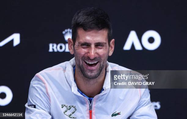 Serbia's Novak Djokovic gives a press conference after winning the men's singles final match against Greece's Stefanos Tsitsipas on day fourteen of...