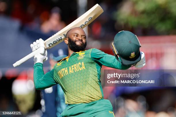 South Africa's Temba Bavuma celebrates after scoring a century during the second one day international cricket match between South Africa and England...