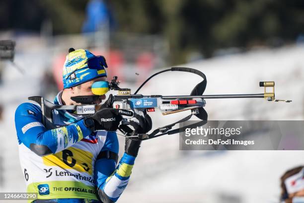 Artem Pryma of Ukraine at the shooting range during the Mixed Relay at the IBU Open European Championships Biathlon on January 29, 2023 in...