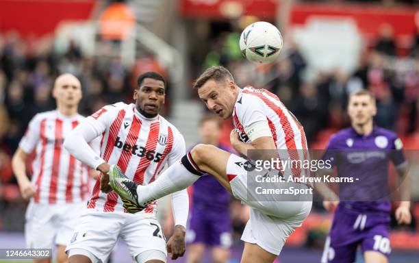 Stoke Citys Phil Jagielka looks on during the Emirates FA Cup Fourth Round match between Stoke City and Stevenage at Bet365 Stadium on January 29,...