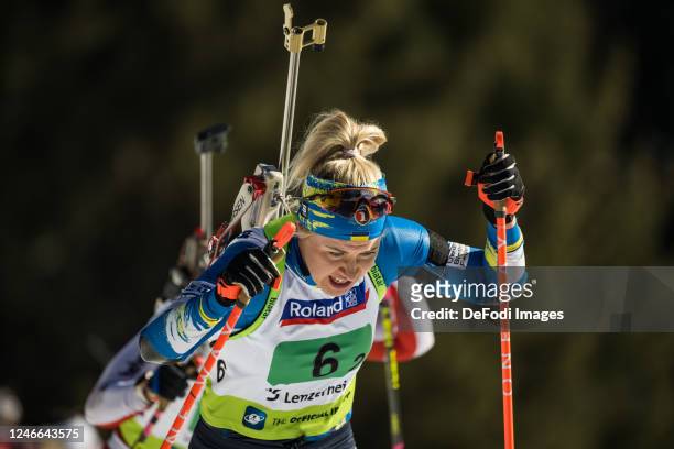 Yuliia Dzhima of Ukraine in action competes during the Mixed Relay at the IBU Open European Championships Biathlon on January 29, 2023 in...