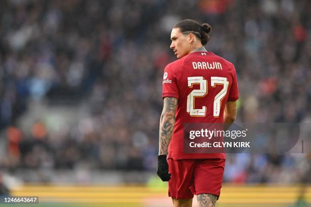 Liverpool's Uruguayan striker Darwin Nunez looks on during the English FA Cup fourth round football match between Brighton & Hove Albion and...