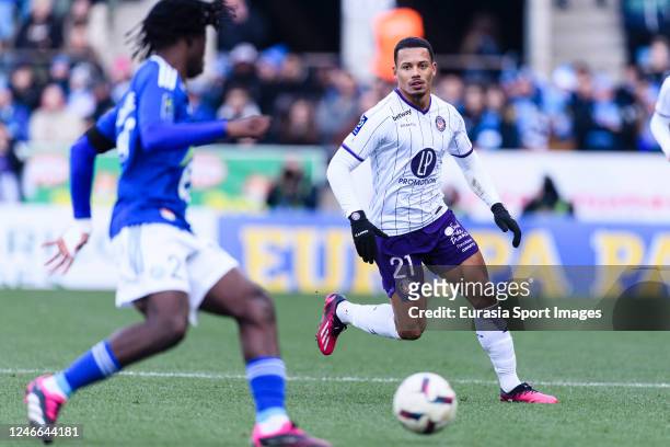 Rafael Ratao of Toulouse in action during the Ligue 1 match between RC Strasbourg and Toulouse FC at Stade de la Meinau on January 29, 2023 in...