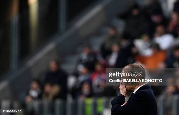 Juventus' Italian coach Massimiliano Allegri reacts during the Italian Serie A football match between Juventus and Monza at the Juventus Stadium in...