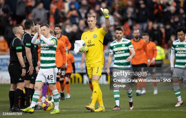 Callum McGregor and Joe Hart during a cinch Premiership match between Dundee United and Celtic at Tannadice, on January 29 in Dundee, Scotland.