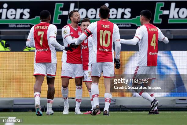 Devyne Rensch of Ajax celebrating 1-4 with Francisco Conceicao of Ajax, Dusan Tadic of Ajax, Steven Bergwijn of Ajax during the Dutch Eredivisie...
